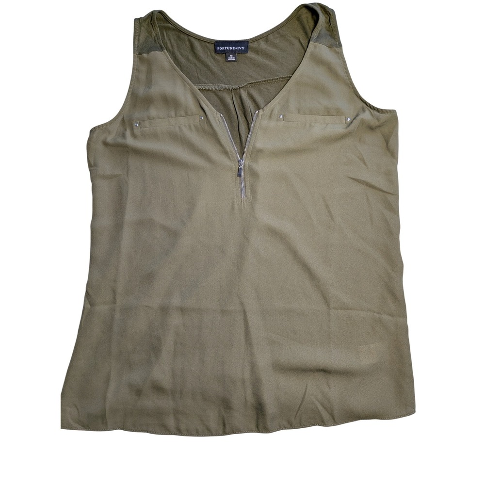 Fortune + Ivy Olive Green Mixed Media Half Zip Sleeveless Blouse Medium